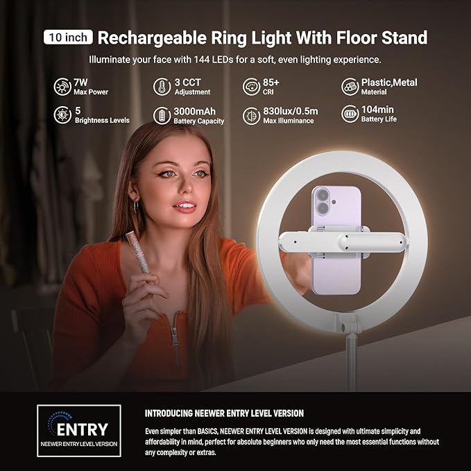 NEEWER Entry Level Version 10" 7W LED Ring Light with Stand/Phone Holder Mount/3 Color Modes, 69" Telescopic Selfie Ringlight, Lighting for iPhone Streaming Makeup Lash Studio Video Recording, N18