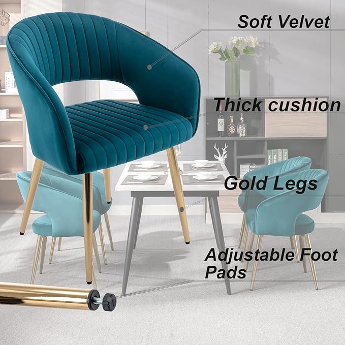 Modern Velvet Dining Chairs Set of 6, Upholstered Gold Dining Chairs with Hollow Back, Dining Room Chairs with Gold Legs, Accent Armrest Kitchen Chairs for Living Room Reception Teal Blue