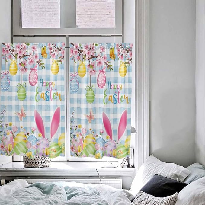 Happy Easter Tier Curtains 45 Inches Long, Spring Watercolor Bunny Eggs Flower