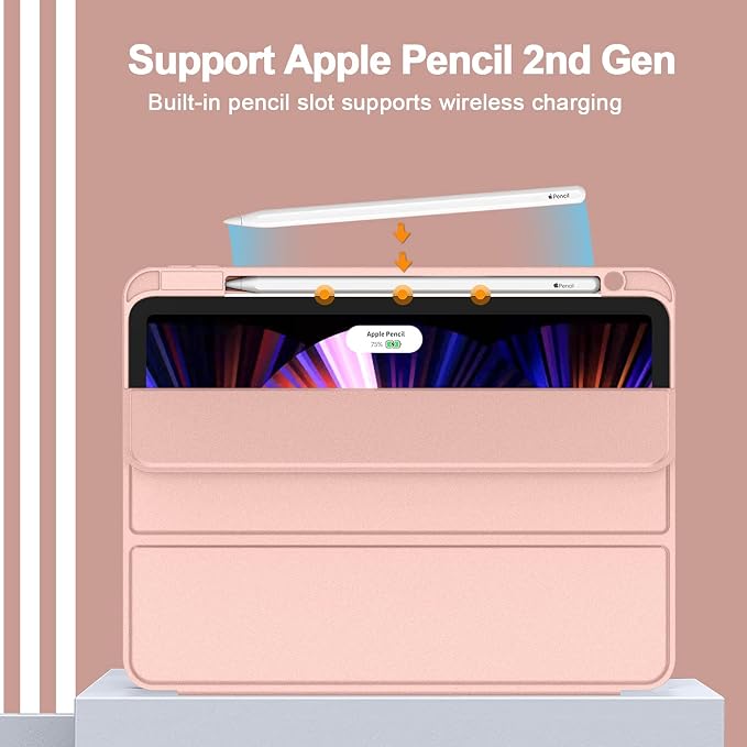 New iPad Pro 11 Inch Case 2022(4th Gen)/2021(3rd Gen)/2020(2nd Gen) with Pencil HolderSmart iPad Case [Support Touch ID and Auto Wake/Sleep] with Auto 2nd Gen Pencil Charging (Deep Pink)