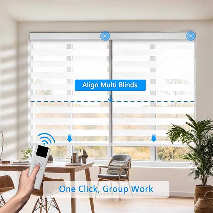 COOLWINDS Motorized Zebra Blinds for Windows Cordless Electric Curtains with Remote Control Blackout Shades Custom Smart Blinds Compatible with Alexa Google Home(Blackout White,W23 X 72in)