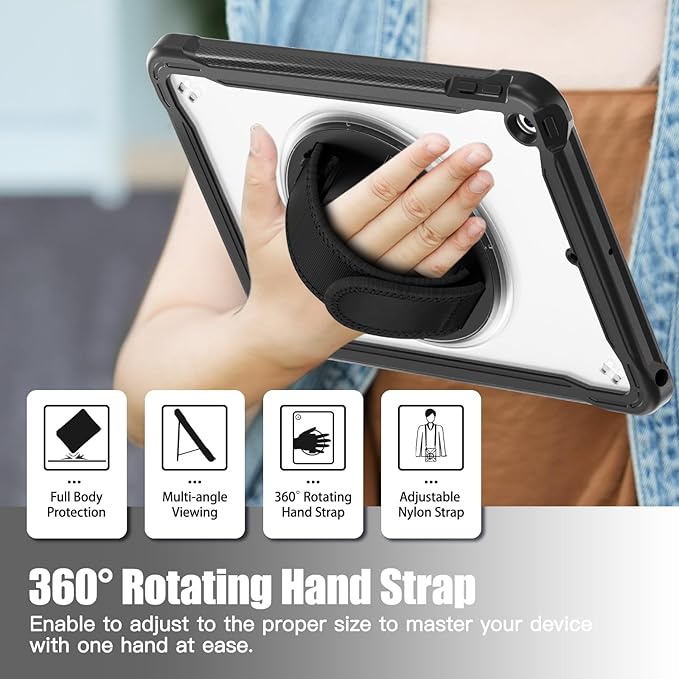 ZenRich Clear Case for iPad 9th/8th/7th Generation 10.2 inch 2021/2020/2019, Shockproof Slim Hard Case with Pencil Holder/360°Rotating Kickstand/Handle/Carrying Strap, Black