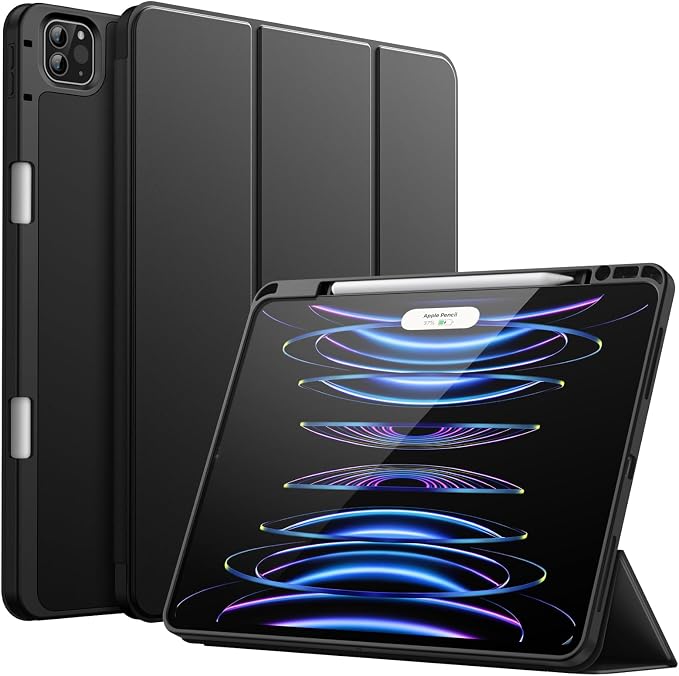 JETech Case Cover for iPad Pro 12.9 6th/5th Gen (2022/2021) Black | Soft TPU Protection Pencil Holder Tri-Fold Stand Pencil Charging Support Shockproof Lightweight Design Auto Wake/Sleep