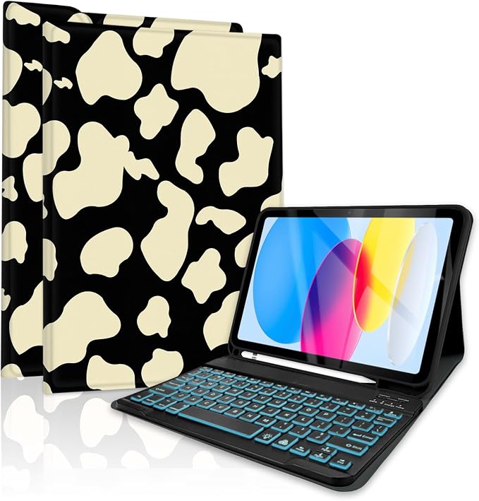 for Bluetooth Keyboard for iPad 10th Gen 10.9 inch (2022) case (A16) 11th / 10th Gen Case 11'' (2025) with 7-Color Backlights Pencil Holder Detachable Rechargeable - Black Cow