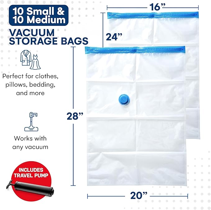 20 Pack Variety Vacuum Storage Bags for Comforters, Blankets & Clothes – Vacuum Sealed Compression Bags with Hand Pump – Space Saver Storage Bags for Bedding, Moving, Travel & Organization (10S & 10M)