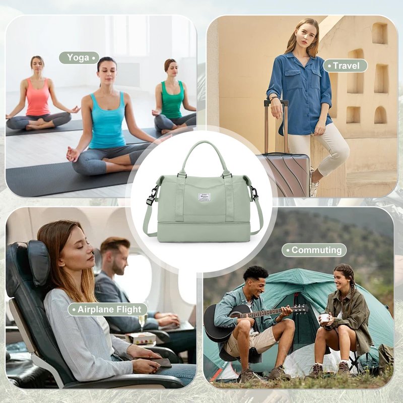 Travel Duffle Bag for Women,Weekender Overnight Bag with Shoe Compartment,Carry on Personal Item Travel Bag,3 Pcs Set,Light Green