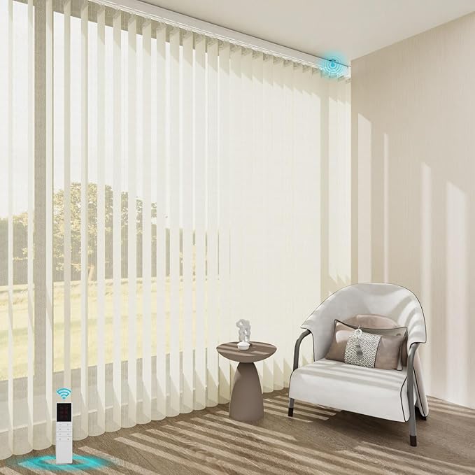 Blindify Motorized Sheer Vertical Blinds, Light Filtering Smart Rechargeable Vertical Window Blinds for Sliding Glass Door Customize(Linen Beige)