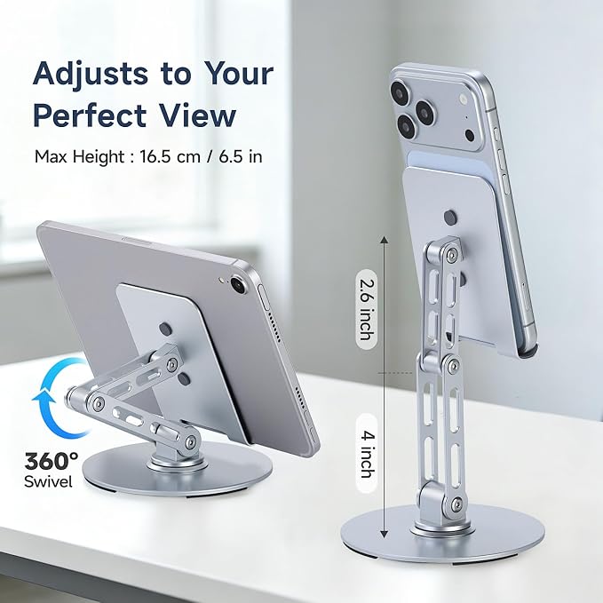 Adjustable Aluminum Phone Stand for Desk Phone Holder for iPhone &amp iPad | Weighted Metal Base for Stable Typing Adjustable Height &amp 360° Rotation for Comfortable Desk Use