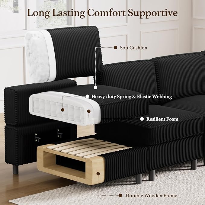 63" Modular Sectional Sofa with Storage Seat,Corduroy Sectional Couch Convertible 4 Seat Modular Sleeper Sofa Couch with Movable Ottoman Chaise,Comfy Sectional Couches for Living Room,Black