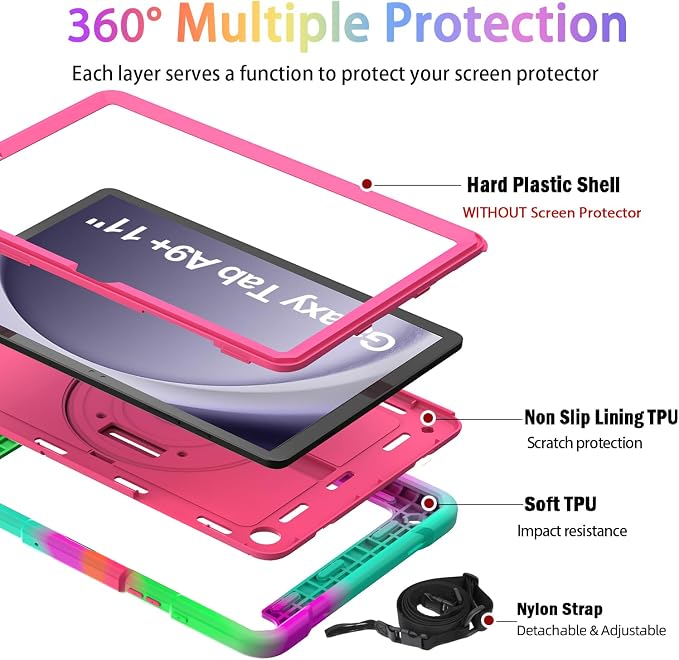 BMOUO for Samsung Galaxy Tab A9+ Plus Case 11 2023 (SM-X210/X216/X218) Shockproof Galaxy Tab A9 Plus Case with Rotating Stand and Hand/Shoulder Strap Black