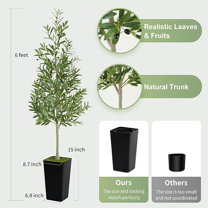 PeoDeco Artificial Faux Olive Tree 6ft Tall Realistic Fake Floor Green Silk House Potted Plants Large for Bedroom Living Room Home Office Decor Indoor Outdoor with Pot