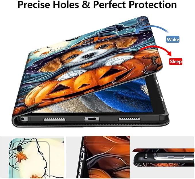 Case for Amazon Fire 7 Tablet 2019/2017 Release 9th/7th Generation PU Leather Smart Protective Cover with Auto Sleep/Wake for Fire 7 2019Dog Wearing Witch Hat Pumpkin