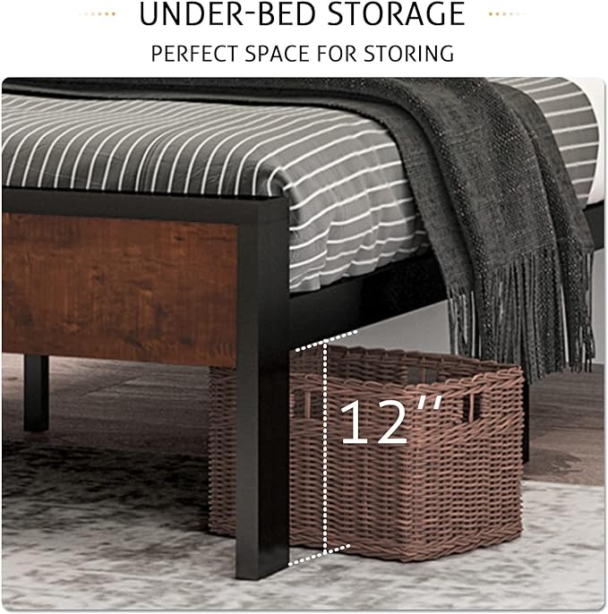 SHA CERLIN 14 Inch Queen Size Metal Platform Bed Frame with Wooden Headboard and Footboard, Mattress Foundation, No Box Spring Needed, Large Under Bed Storage, Non-Slip Without Noise, Mahogany