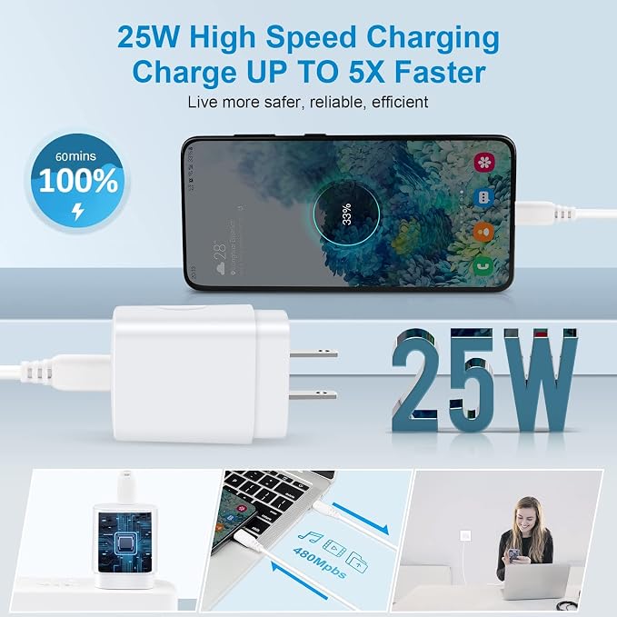 25W Super Fast Charger Type C for Samsung A17 A16 A35 A15 A54 5G Charging Block Charger Box with 10FT Android Phone Charger USB C Cable for Galaxy S25 Ultra S24 S23 FE A14 S22 S21 Pixel 10 9 pro 9a 8