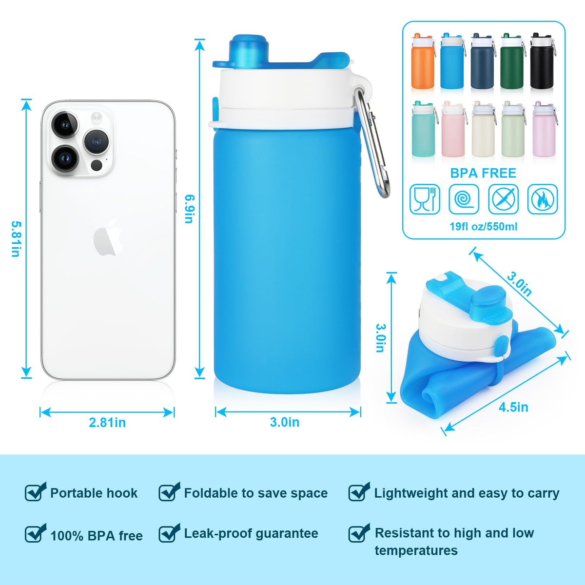 2 Pack Collapsible Water Bottles, 19oz Foldable Silicone Travel Bottles