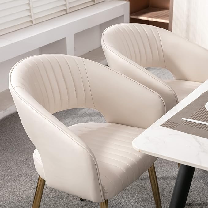 Modern Dining Chairs Set of 4, Upholstered PU Leather Gold Dining Room Chairs with Hollow Back, Accent Armrest Kitchen Chairs with Gold Legs for Living Room Cream