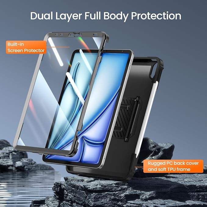 ZtotopCases for iPad Air 11 Inch M4/M3/M2 (2026/2025/2024) iPad Air 5th/4th Generation 10.9 Inch (2022/2020) Built-in Screen Protector Shockproof Cover+ Kickstand - Black