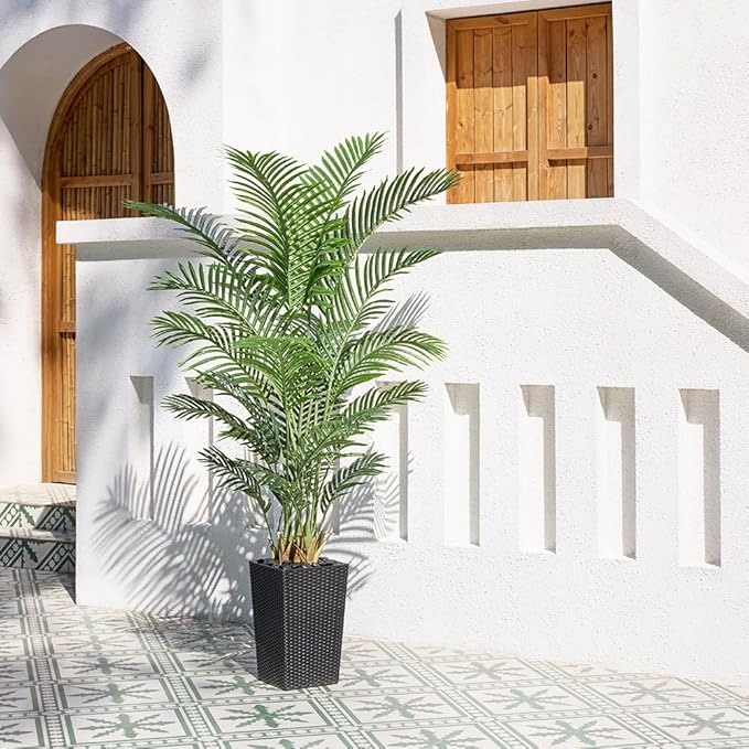 6FT Artificial Palm Tree - Tall Fake Tree with Black Taper Planter & Pebbles, UV Resistant for Indoor & Outdoor Decor - Large Potted Faux Plant for Living Room, Office, Home Decor,VN130