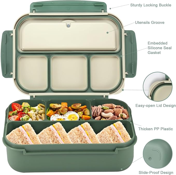Bento Box Adult Lunch Box, Lunch Containers for Kids Girls Boys with 4 Compartments, Lunchable Food Container with Utensils, Sauce Jar, Muffin Liners, 40 Oz/5 Cup, Microwave & Dishwasher Safe, Green
