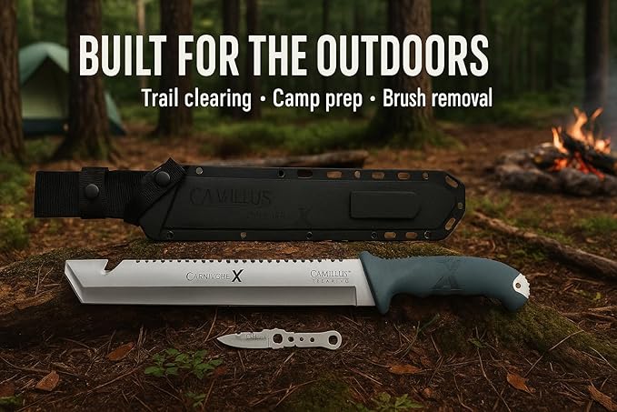 Camillus Carnivore X 18" Machete – Titanium Bonded 12” Blade & Saw Back, Full Tang, Gray Handle, Trimming Knife & Nylon Sheath for Camping & Brush Clearing