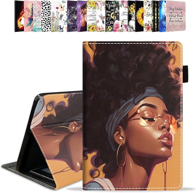Case for Amazon Kindle Fire HD 10 Tablet 10.1 (9th/7th Generation 2019/2017 Release) - PU Leather Folio Case with Smart Auto Wake/Sleep African American Girl