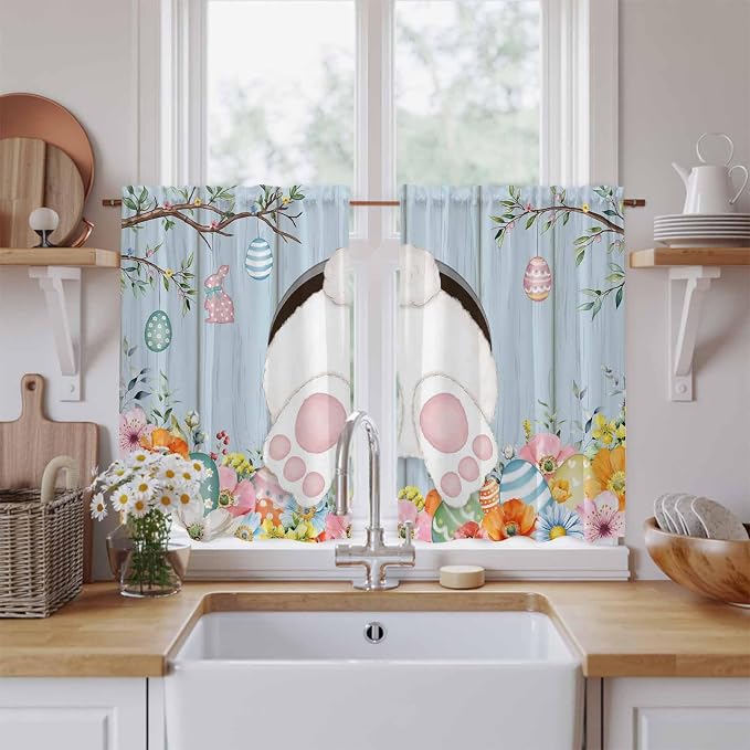 Easter Kitchen Curtains 54 Inch Long 2 Panel Set, Rod Pocket Window Curtains