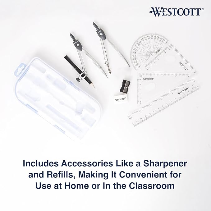 Westcott 10-Piece Math Set for Students, Includes 2 Compasses, Protractor & Ruler, Back to School, Classroom, School Supplies, Geometry Practice, Durable Storage Case