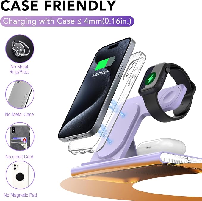 3 in 1 Foldable Wireless Fast Charging Station for Apple Multiple Devices | iPhone Charging Station for iPhone 17 Travel iWatch Charger Stand Light Nightstand Charging Dock for Apple Watch/Airpods