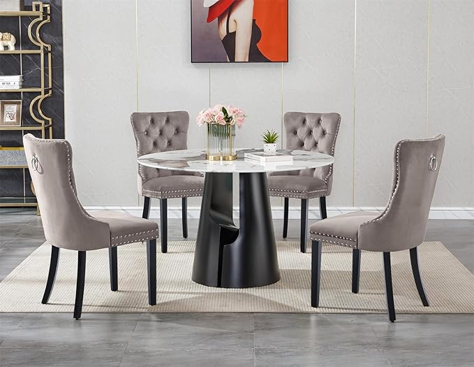 5-Piece Faux Marble Round Dining Table Set for 4, Modern Luxury Kitchen Table Set for 4 with Grey Tufted Chairs,Circle Dining Tables with Pandora Grain Top and Black Pedestal Base