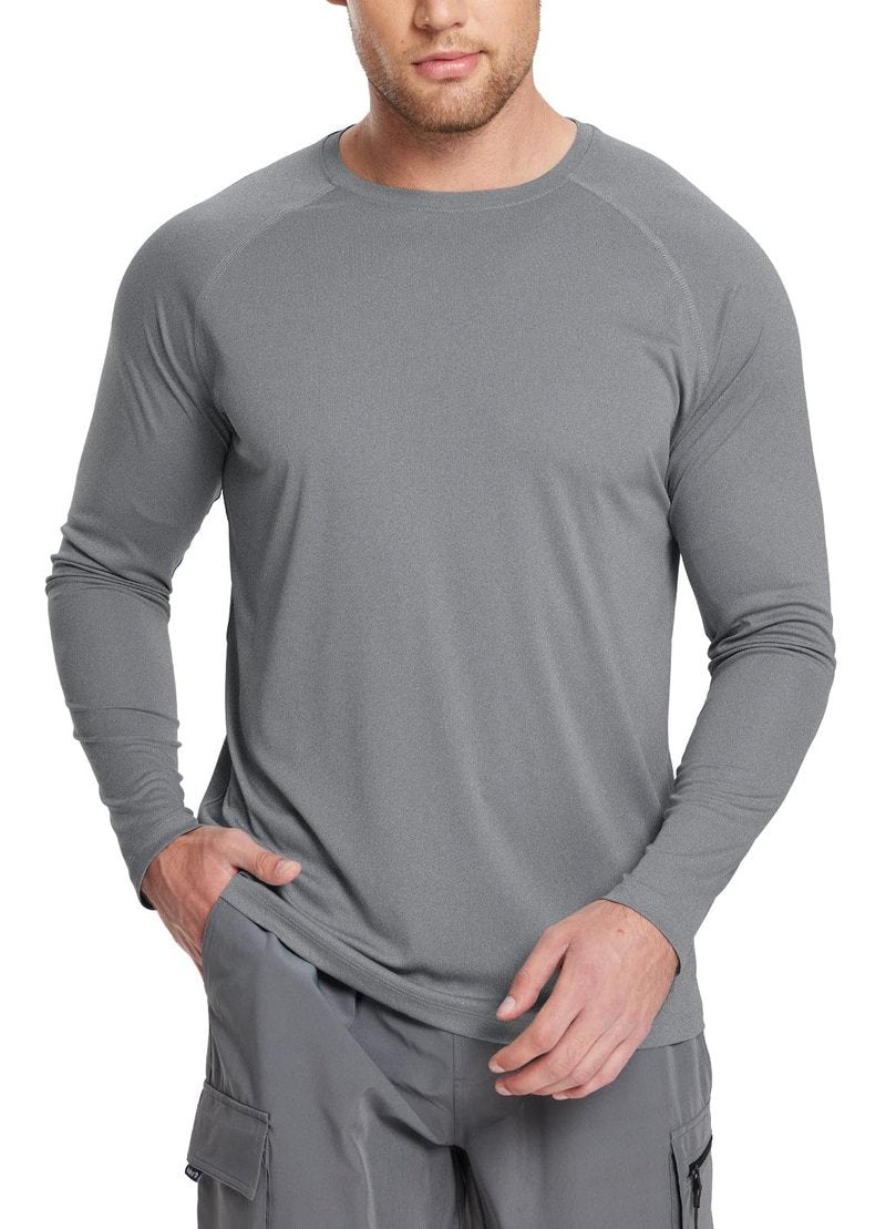 baleaf Men's Long Sleeve Running Shirts Workout Tops Quick Dry SPF Rash Guard Lightweight Hiking Sun Protection t Shirt Grey XL