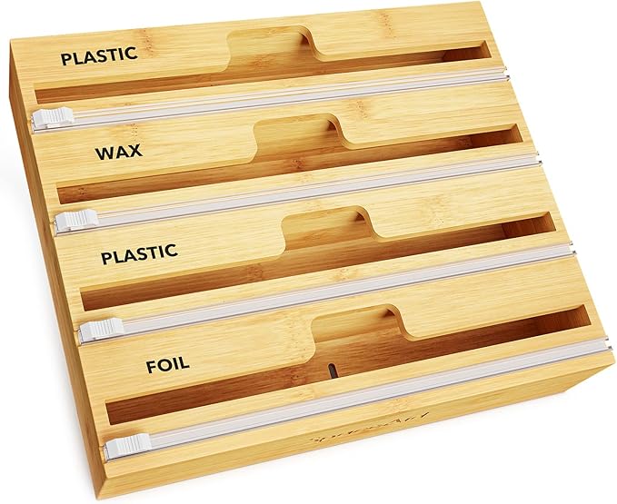 SpaceAid WrapNeat 4 in 1 Wrap Organizer with Cutter and Labels, Plastic Wrap, Aluminum Foil and Wax Bamboo Dispenser for Kitchen Storage Organization Holder for 12" Roll (Natural, 4-Slot)