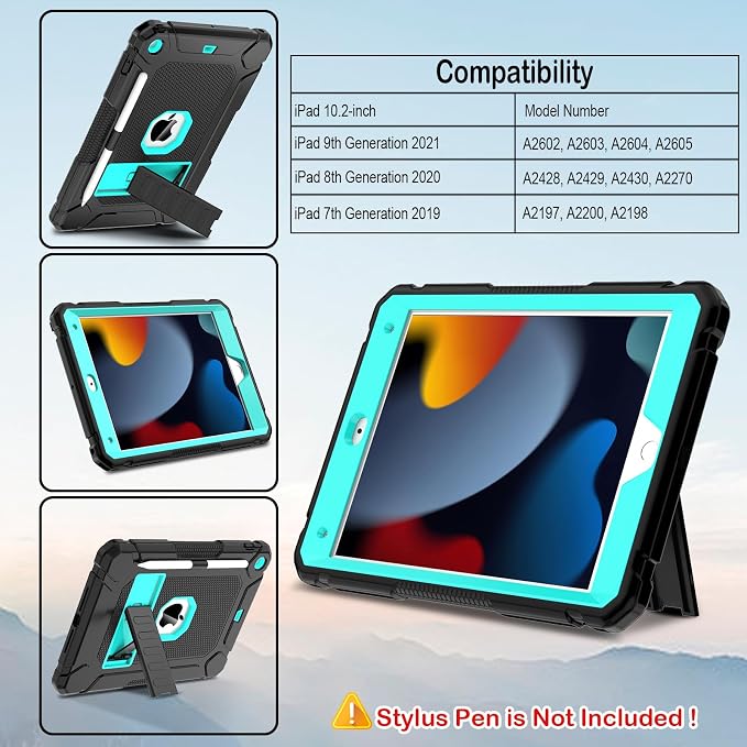 LTROP Case for iPad 10.2-Inch 9th/ 8th/ 7th Generation (2021/2020/ 2019) with Pencil Holder &amp Kickstand Hybrid Shockproof Rugged Protective Case for iPad 9/8/ 7 Gen 10.2 Purple and Green