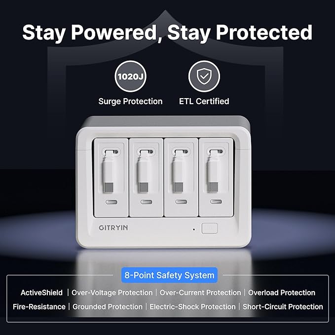 12-in-1 Desktop Charging Station with 4 Retractable Wall Chargers, 40W USB-C Power Strip with 4 AC, 4 USB C, 4 Type-C 31.5in Cables, Extension Cord with 1020J Surge Protection for Home Office