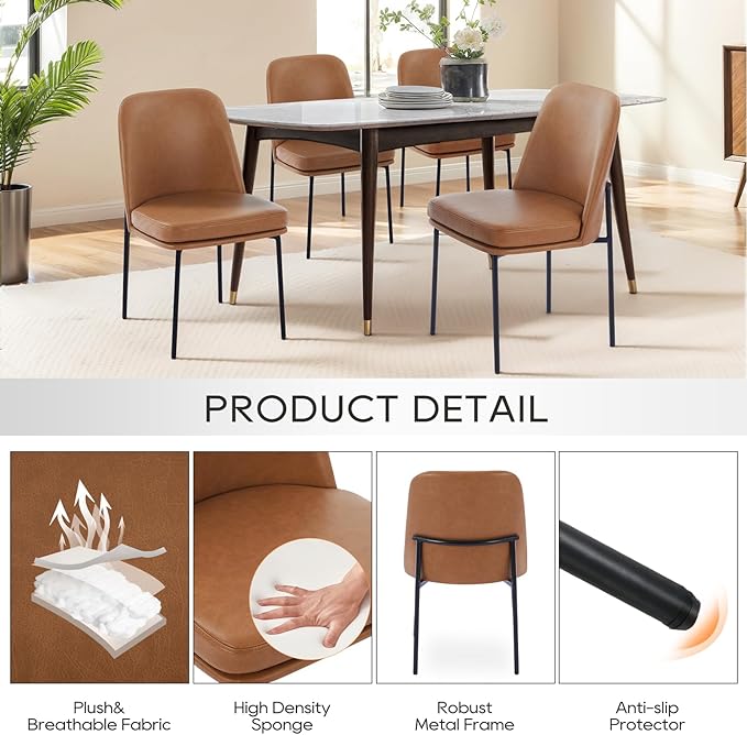 COLAMY Modern Dining Chairs Set of 2, Faux Leather Upholstered Kitchen Chairs with Curved Back & Metal Legs, Mid-Century Dining Room Chair (Brown)