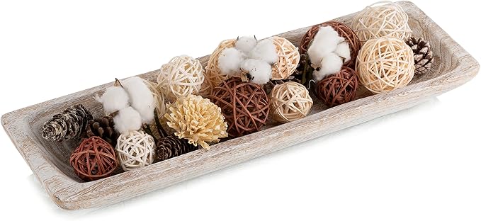 Hanobe Decorative Wood Dough Bowl: Large Long Wooden Bowl for Entry Way Table Home Decor - Coffee Table Decor for Living Room - Dining Table Centerpiece Decor, White