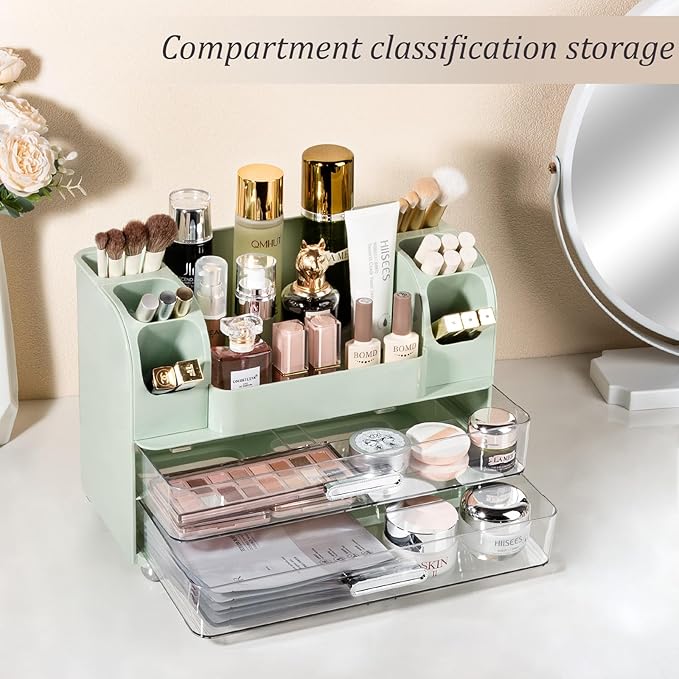 Anyoifax Makeup Organizer Countertop with Large Drawers, Vanity Organizer with Brush Holder, Skin Care Storage for Dresser, Perfume Organizer for Lotion, Lipsitck, Palette, Green