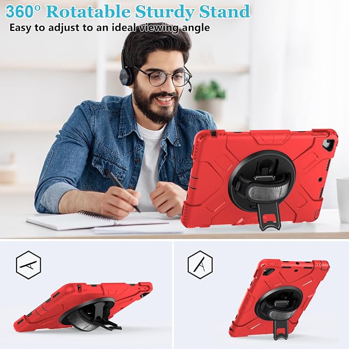 Case for iPad 9th/8th/7th Generation 10.2 Inch Black | Shockproof Protective Silicone Cover with Rotatable Stand-Screen Protector-Handle- Shoulder strap- Pencil holder