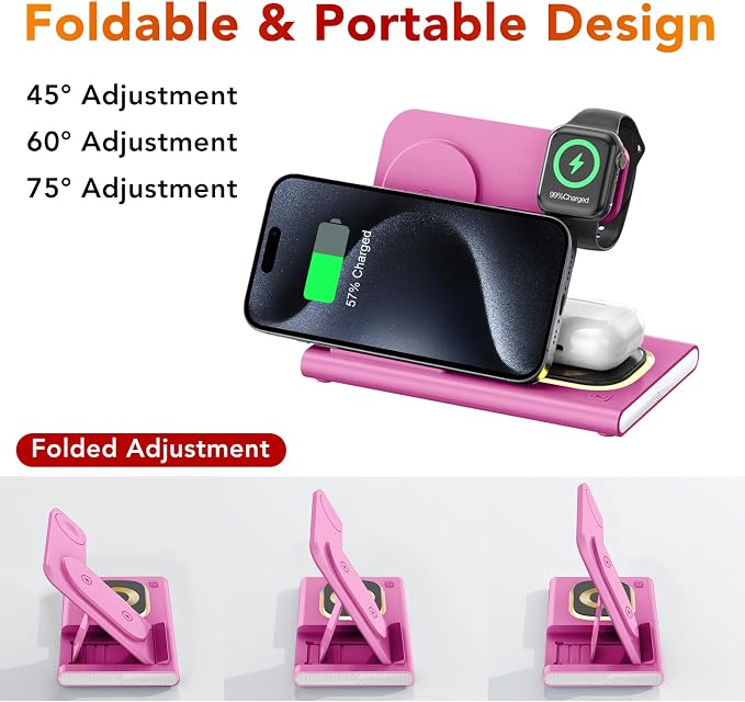 3 in 1 Foldable Wireless Fast Charging Station for Apple Multiple Devices | iPhone Charging Station for iPhone 17 Travel iWatch Charger Stand Light Nightstand Charging Dock for Apple Watch/Airpods