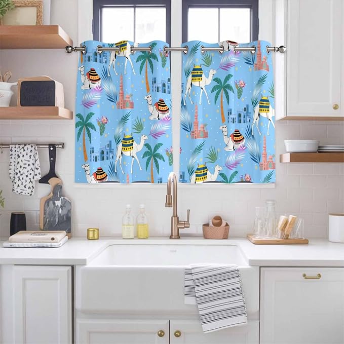 2 Panel Kitchen Cafe Curtains, Desert Landscape Sunlight Filtering Nature Air