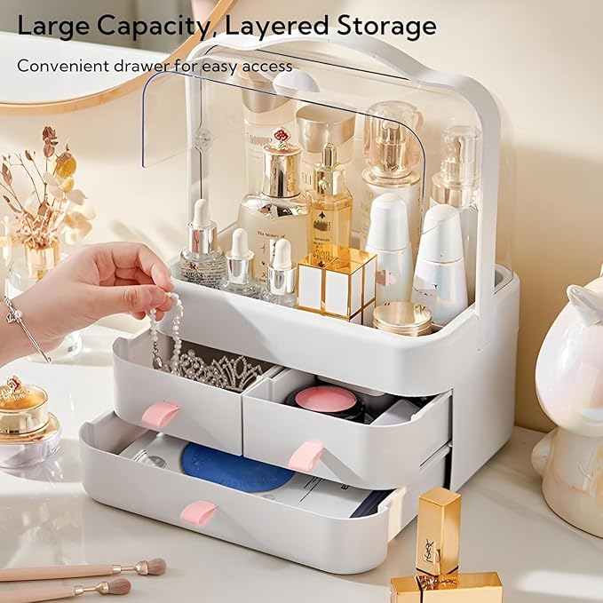 Makeup Organizer and Storage for Vanity with Lid and Drawers, Waterproof and Dustproof Portable Skincare Cosmetics Boxes, Makeup Caddy Holder for Vanity Countertop, Bathroom, Dresser, Bedroom