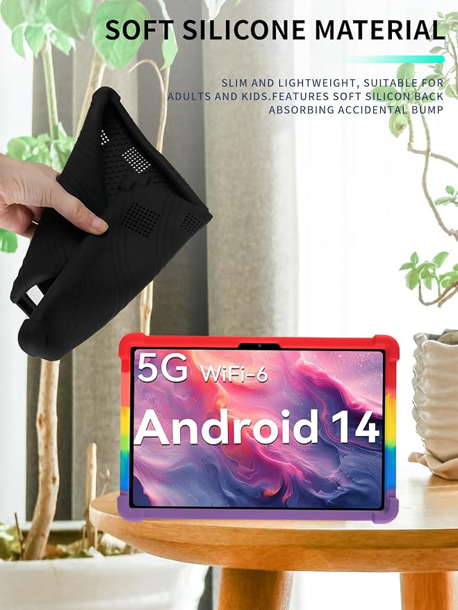 Case for DOMATON D105 Android 14 Tablet 2025 Tablets 10 inch，WUNIAK Shock Proof Lightweight Stand Rubber Shell Protective CoverKids Friendly Soft Silicone Adjustable Stand CoverBlack