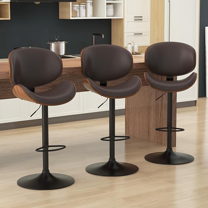 KCC Bar Stools Set of 3, Swivel Adjustable Height Barstools, PU Leather Upholstered Bar Chairs with Footrest, Bentwood Bar Stool for Kitchen, Bar, Dining Room(Brown PU)