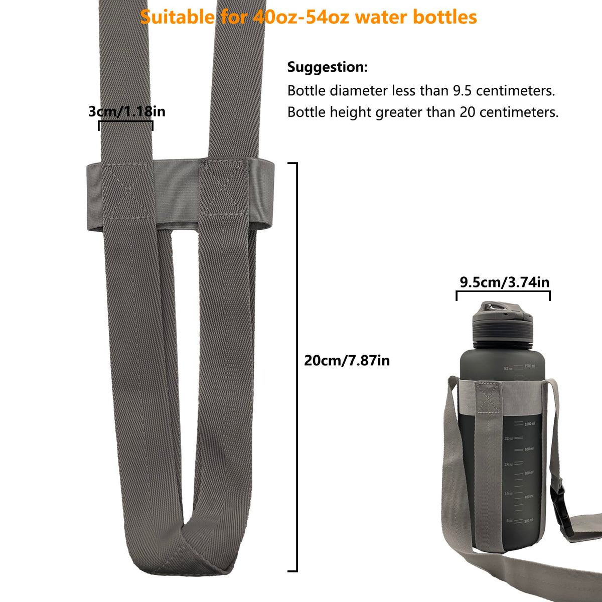SZSUYAD Water Bottle strap,Simple&Adjustable Crossbody strap (gray28-52oz)