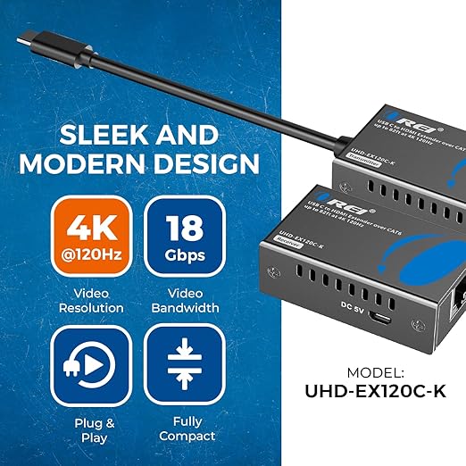 OREI 4K 120Hz USB-C to HDMI Over Cat6/7 Ethernet Extender, 4K, Up to 80ft with HDR & Audio Over Ethernet - Perfect for Extending Your Laptop, Presentation, Meeting Rooms