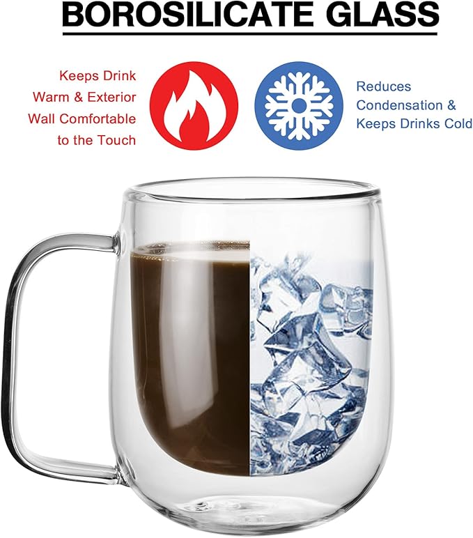 Glass Coffee Mug, 8.5 oz Double Walled Insulated Cup Heat-resistant for Tea Coffee Latte Cappuccino Espresso Iced Tea Dishwasher & Microwave Safe, Set of 1 (Round)