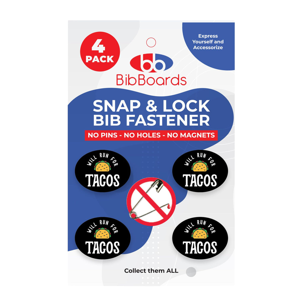BibBoards bibSNAPS Race Bib Clips, Will Run for Tacos, 4 Pack