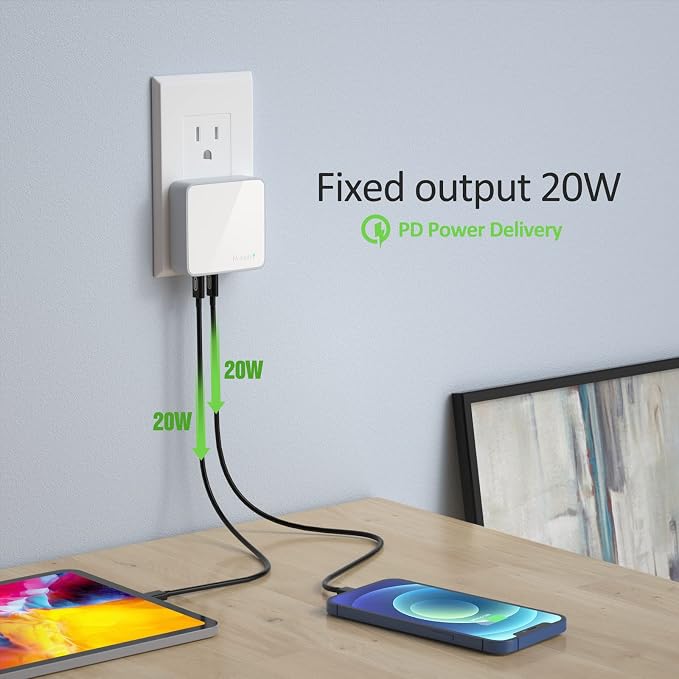 Nekmit USB C Charger Fast Thin Flat 52W 4-Port Wall Charger with Two 20W Power Delivery and 2 USB Port for iPhone 14/14 Pro/14 Pro Max Galaxy Pixel iPad Pro AirPods Pro and More Upgraded