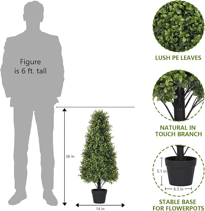 3ft Artificial Boxwood Topiary Trees (Set of 2) - UV Resistant Faux Plants Outdoor, Realistic 36" Fake Cone Bushes and Shrubs for Front Porch, Planter, Patio - Low Maintenance & Evergreen
