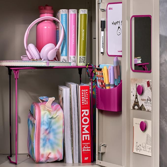 LockerMate 7-Piece Locker Organizer Kit, Includes Locker Shelf, Mirror, Whiteboard, Storage Cup & Dry Erase Marker, Pink