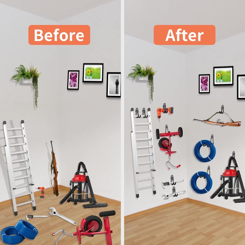 HUPBIPY Garage Hooks Heavy Duty Utility Steel with Anti-Slip Coating Wall Mount Storage Organizer for Hanging Power and Garden Tools, Ladders, Hose, Bikes, Ropes, Bulk Items, and More